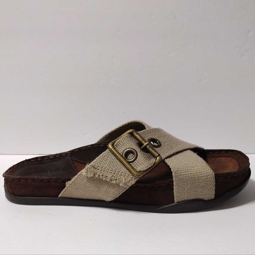 Earth Dune Unisex Criss Cross Textile Adjustable Slide Cork Flat Walking Sandals - Picture 4 of 8
